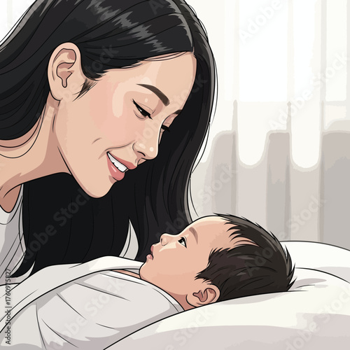 Loving mother gazes tenderly at her newborn baby in soft light