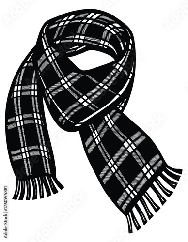 A classic black and white tartan plaid scarf with fringed ends, rendered as a vector graphic on a plain white backdrop