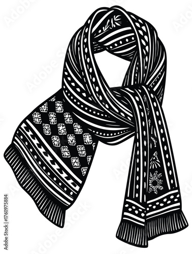 Vintage-style black and white illustration of a warm winter scarf with intricate folk and geometric patterns, isolated on a white background
