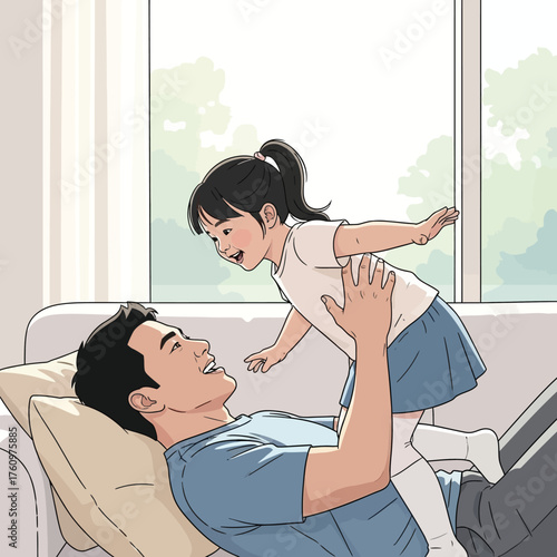 Father happily lifting his laughing daughter in the air