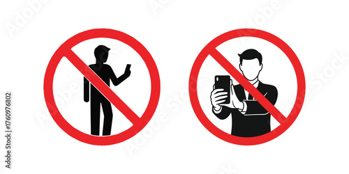 red prohibition signs indicating no talking on the phone and no photography