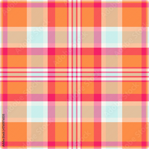 Vibrant tartan pattern. Playful, warm hues evoke summer fun, perfect for textiles, backgrounds, or designs needing a cheerful, eyecatching touch.