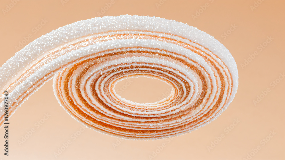 Fototapeta premium Macro close-up of a fruit leather candy roll or spiral gummi confection, generously coated in glittering sugar crystals on a soft pastel background