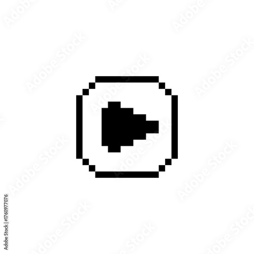 8-bit pixel play button in circular frame. Black and white vintage icon for retro interfaces, games, apps, or video players. Represents playback, start, or media control in pixel style.