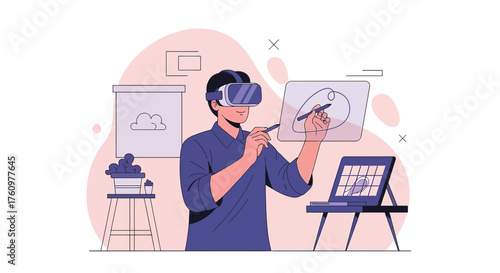 Man explores digital art and virtual reality, crafting immersive experiences with cutting-edge