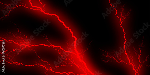 A striking image of red lightning against a dark background, showcasing natural energy. Lightning Effect Overlay, Isolated Electric Thunderstorm Bolt Strikes on Dark Night Sky Background.
