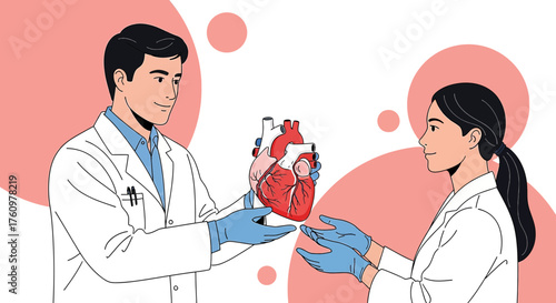 Medical professionals discussing human heart anatomy, emphasizing healthcare and collaboration, in