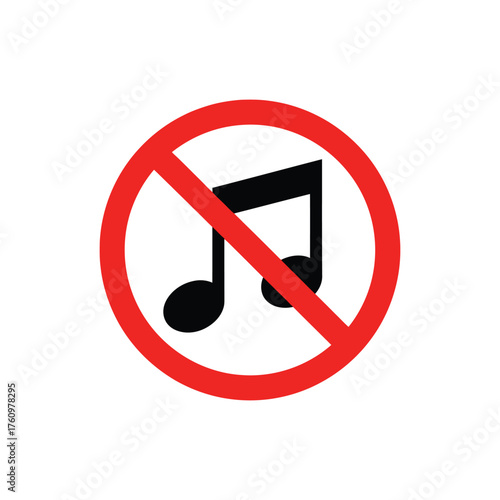Red prohibition sign with a black musical note indicating no music allowed or sound off concept