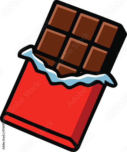 Partially unwrapped segmented chocolate bar, simple sweet cartoon food vector illustration