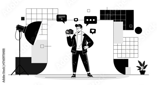 Monochrome depiction of a photographer in a studio setting surrounded by abstract shapes