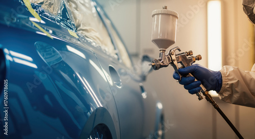 A professional painter sprays a blue car with a spray gun in an auto body shop. Automotive vehicle restoration and repair service. Close-up on the painting process