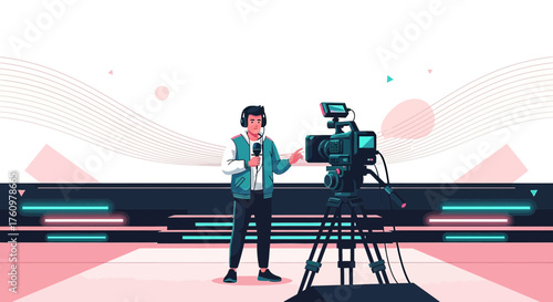 News reporter with microphone reporting live on camera broadcast from a studio backdrop stage with