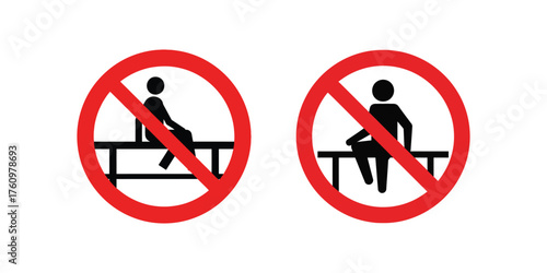 red prohibition signs showing a person sitting on a railing with a diagonal line through it