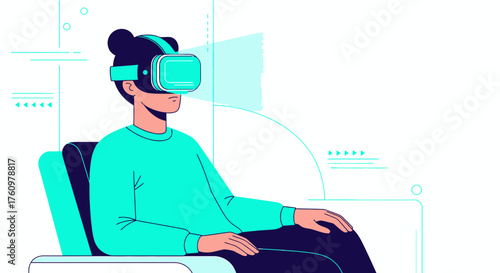 Person in virtual reality headset exploring digital world on interactive interface