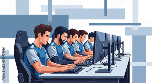 Professional esports team training in a gaming house with multiple monitors and advanced setup