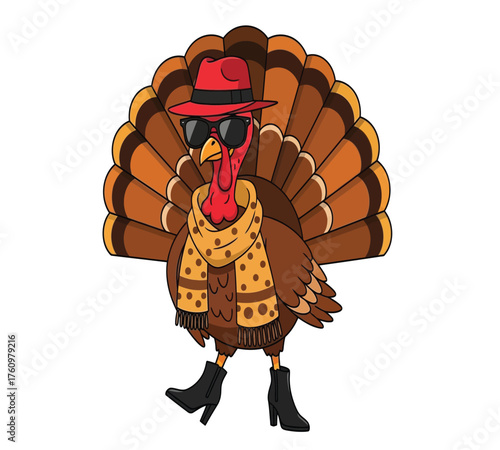 Vector art of a stylish turkey wearing sunglasses, a hat, and a scarf, showcasing a fashionable thanksgiving character with a touch of coolness
