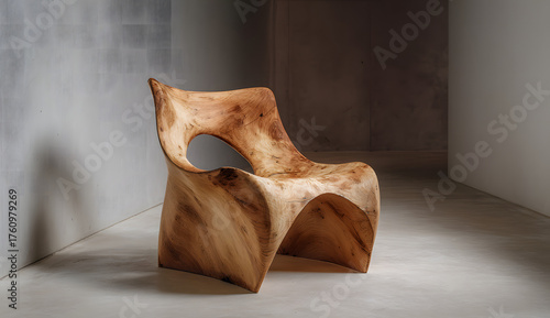 A nice wooden chair with organic shapes, resembling wood carved by hand