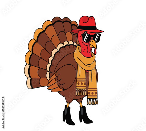 Vector art of a stylish turkey wearing sunglasses, a hat, and a scarf, showcasing a fashionable thanksgiving character with a touch of coolness