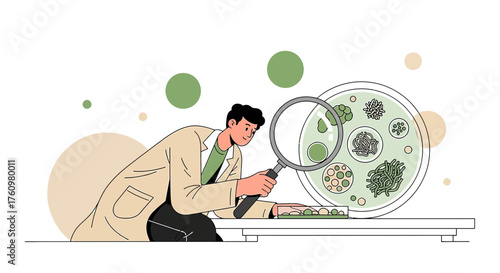Scientist examining bacteria cultures using a magnifying glass in a lab environment illustration