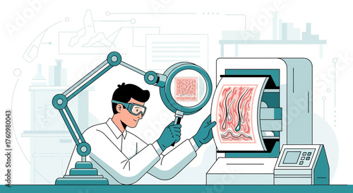 Scientist examining skin cells under magnification in a modern laboratory setting for research