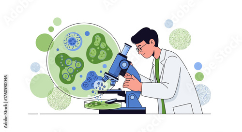 Scientist examines bacteria under a microscope for medical or scientific advancements and research