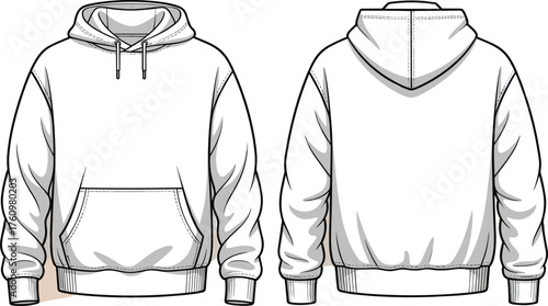 Fashion technical flat sketch of classic hooded sweatshirt with drawstring hood, kangaroo pocket, ribbed cuffs, and hem streetwear design