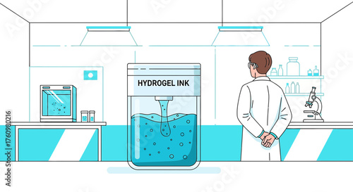 Scientist observing hydrogel ink in laboratory setting focusing on innovation technology