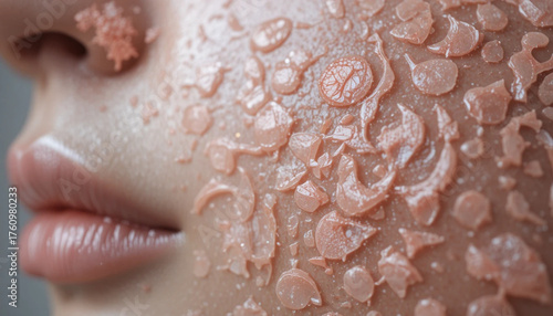 A detailed macro close-up of dry skin on a woman's face shows the texture of the skin with exfoliating gel or peeling mask residue. This image highlights the texture of the skin care product.