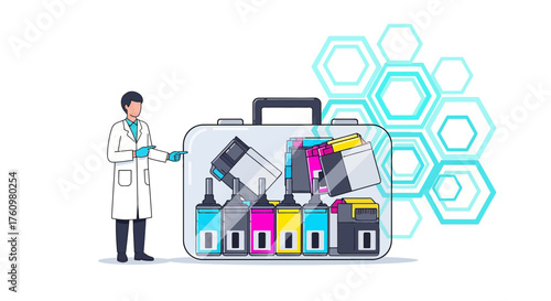 Scientist presenting inkjet printer cartridges in a suitcase with vibrant colors for professional