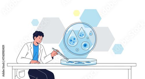 Scientist working with cells under a petri dish in a laboratory environment carefully analyzing a