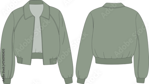 Fashion technical flat sketch of cropped bomber jacket with ribbed cuffs, waistband, long sleeves, and modern minimalist outerwear design