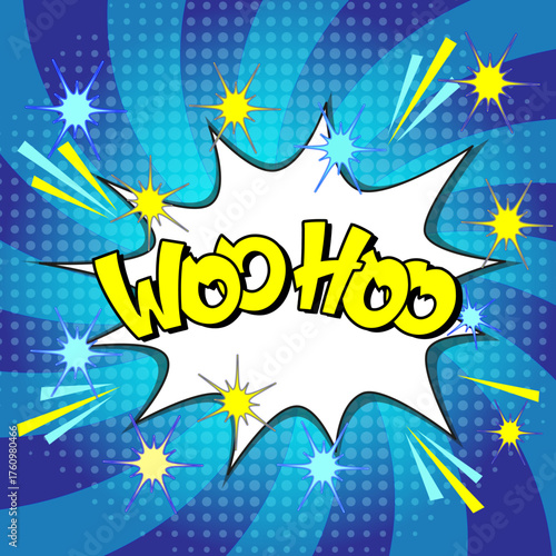 Comic lettering woo hoo. Vector bright cartoon illustration in retro pop art style. Comic text sound effects. EPS 10.