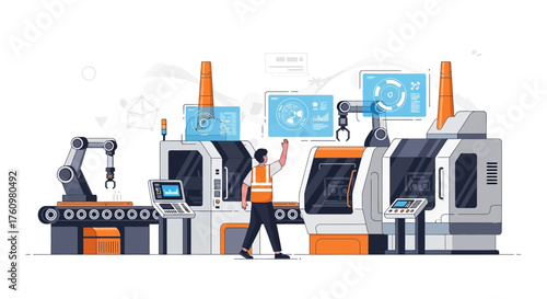 Smart factory illustration showcasing automation and worker interaction with machines representing