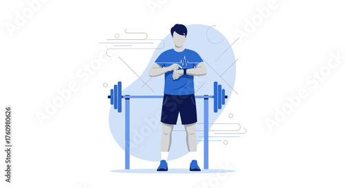 Vector illustration of a fit man checking his smartwatch during a weightlifting workout session