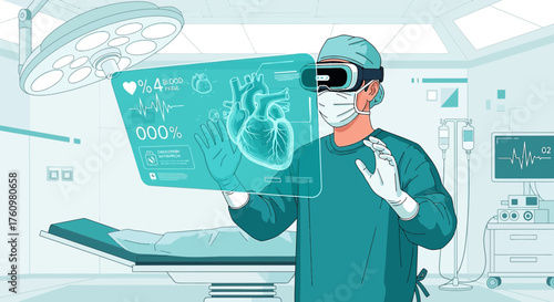 Virtual reality augmented surgery, showcasing a surgeon using innovative technology in the