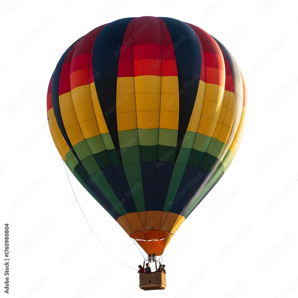 Naklejka premium A vibrant hot air balloon with a colorful striped envelope and a basket carrying passengers, isolated on a white background.