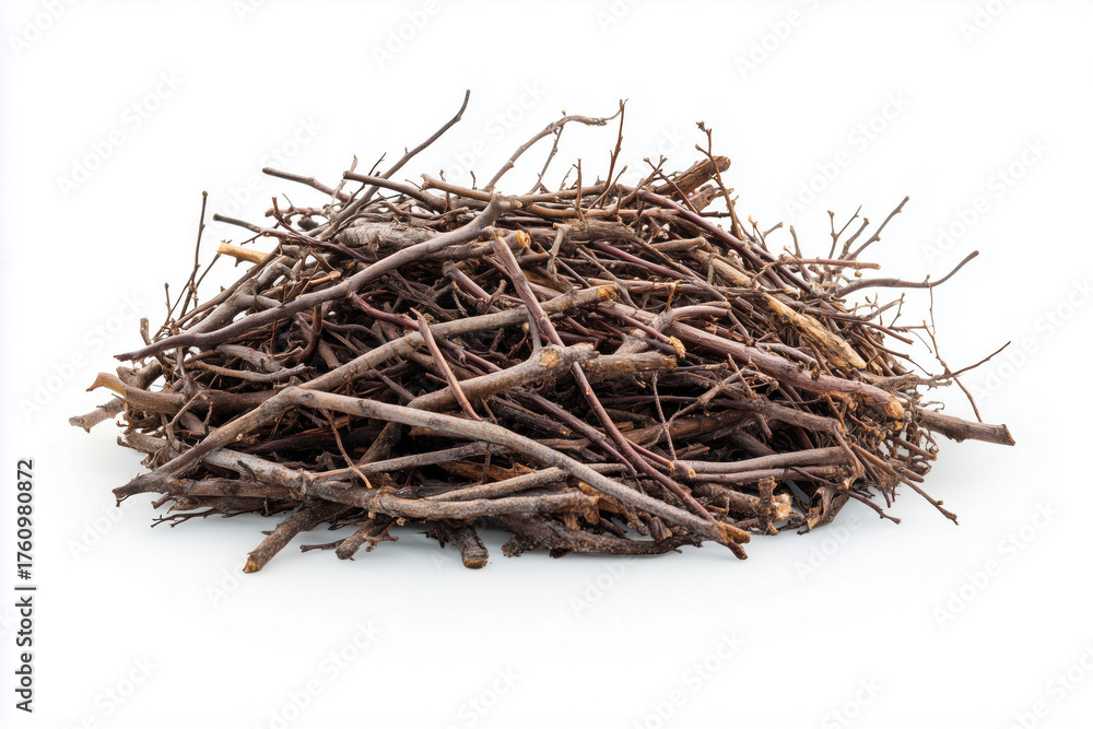 Fototapeta premium Messy pile of forest debris with natural irregular shapes, isolated on a white background.