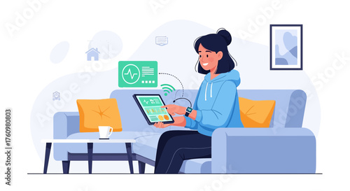 Woman controlling smart home features on tablet, creating a modern and connected living space