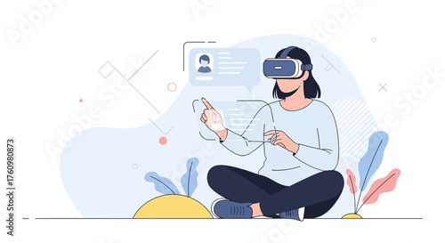 Woman immersed in virtual reality experience interacting with digital interface design