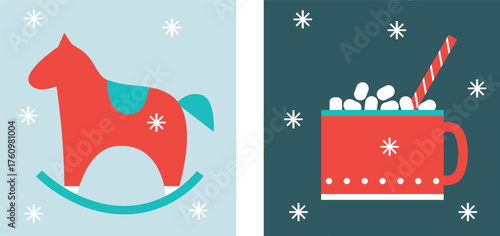 Cozy Winter Icons Set Flat Vector Christmas And New Year Illustration Ice Skates Cocoa Mug Mittens Snowflakes Gifts Holiday Elements Minimal Festive Design Warm Winter Collection For Web And Print