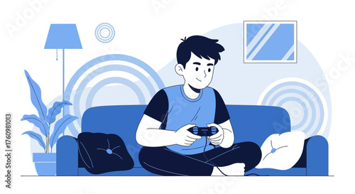 Young man playing video games at home on the couch with a controller, surrounded by modern decor