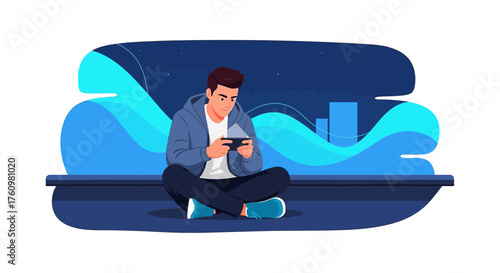Young man playing video games on his mobile phone in the city at night illustrated