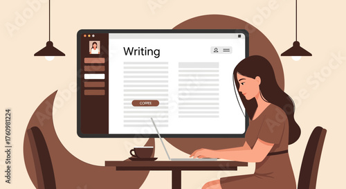 Young woman working on laptop in cafe while drinking coffee enjoying creative writing