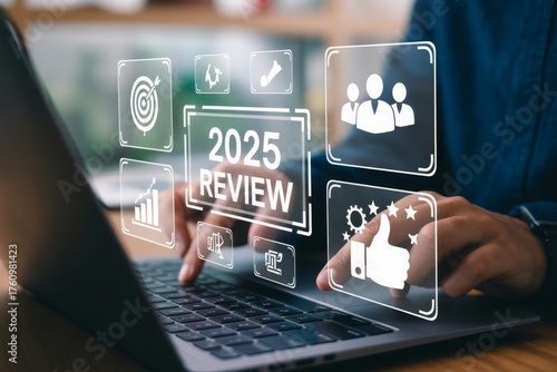 Person Reviewing 2025 with Laptop and Digital Icons