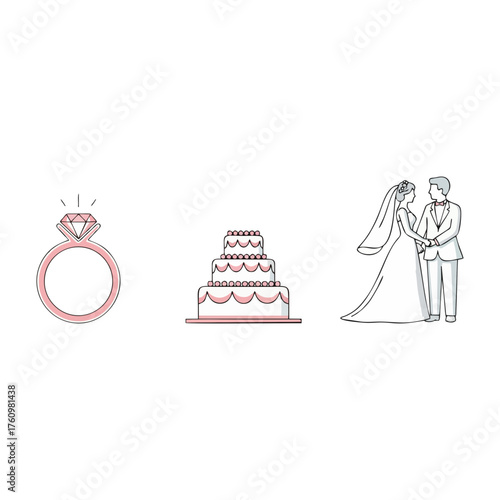 Illustrations of wedding elements: ring, cake, and couple in outline.