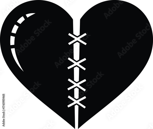 Vector art of broken heart stitched together with thread