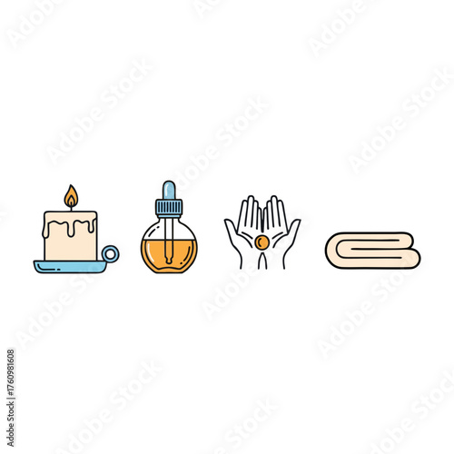 Illustrative depiction of spa and wellness elements, including candle, oil, hands, and towel.