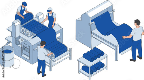 Isometric illustration of textile manufacturing process, factory workers operating fabric rolling machine, industrial production line, modern clothing material factory concept