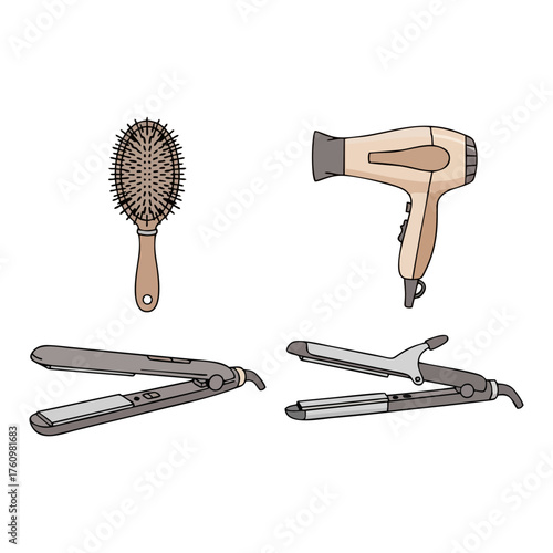 Hair Styling Tools Set Brush, Dryer, Straightener & Curler Illustration