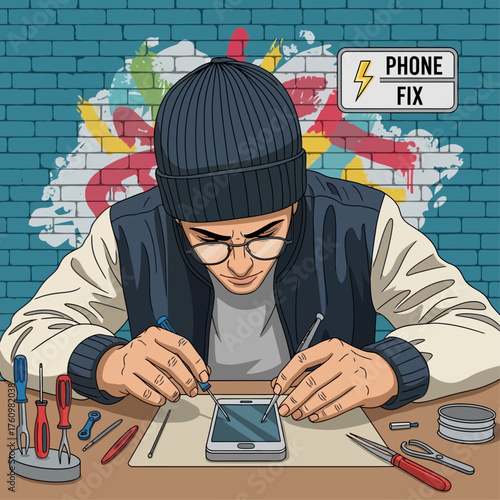 Illustration of a person repairing a smartphone on a workbench.